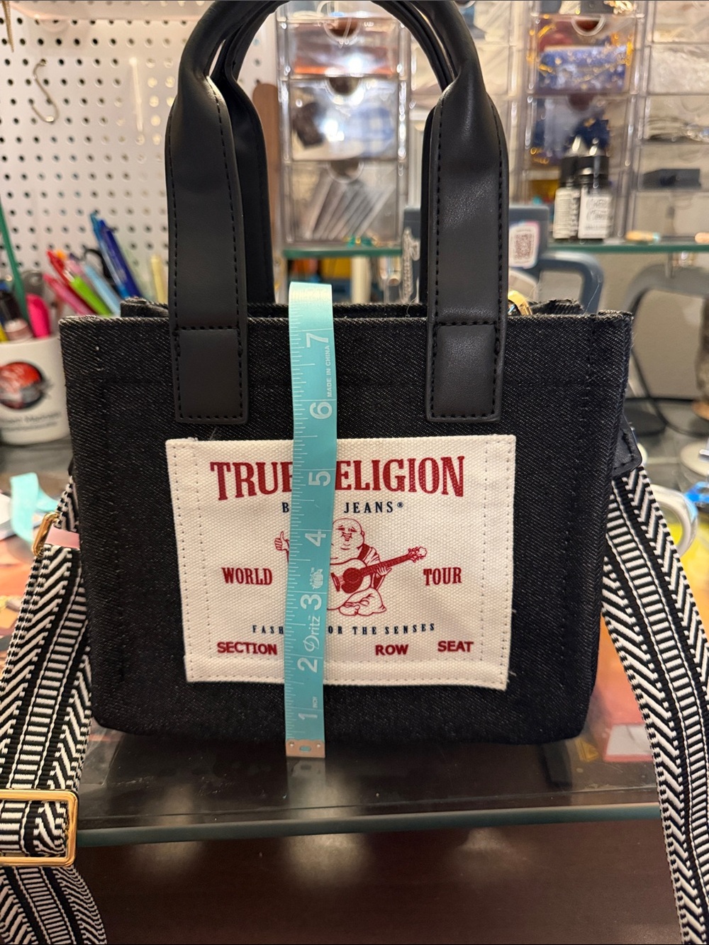 True Religion Black Denim Mini Tote with White Patch and Red Logo